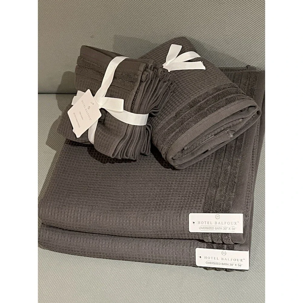 Hotel Balfour Towels BATH HAND WASHCLOTH Terry Cotton GRAY WAFFLE WEAVE 9 Piece